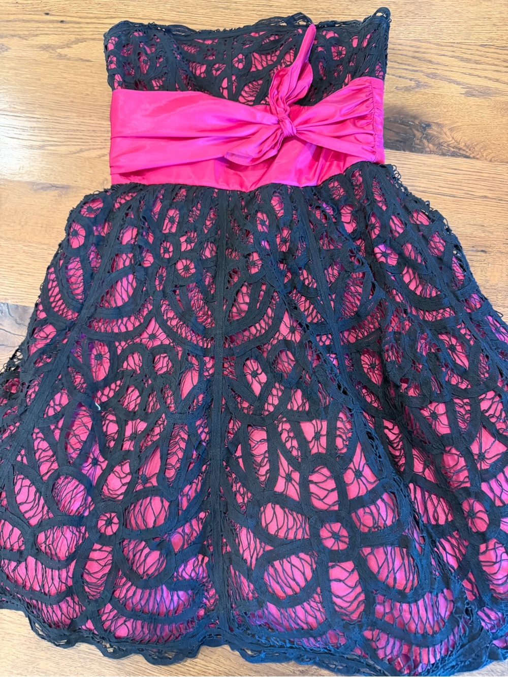 Betsey Johnson- black lace and pink satin strapless awesome cocktail dress - 6